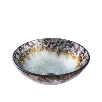 Round Bathroom Sink Set 16.5 X 5.7, Artistic Vanity Sink Bowl Golden Pattern Tempered Glass Finish Art Basin Above Counter Sink Brass Vessel Sink