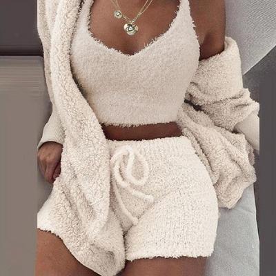 Women's Hooded Pajama Sets 3 Pieces Fluffy Fleece Long Sleeves Coat Shorts Vest for Winter Gift for Valentine's Day