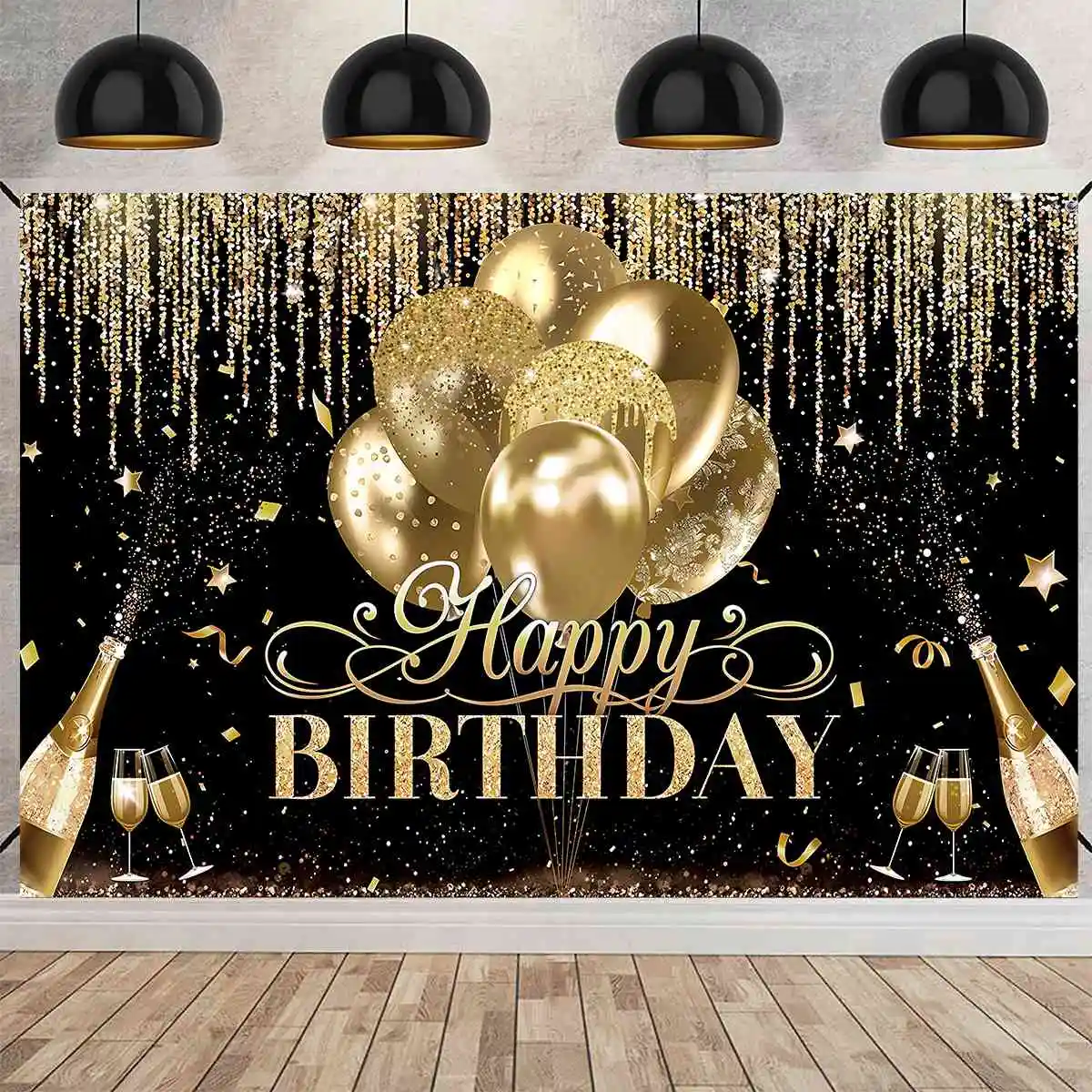 Schwarz Gold Alles Gute zum Geburtstag Hintergrund Banner Ballon Stern Poster Booth Hintergrund Geburtstag Photozone Hintergrund Wand Party Dekor Image