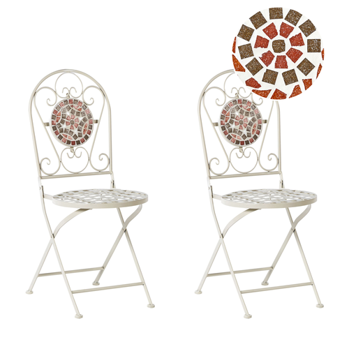 Gartenstühle 2er Set Weiß aus Metall Mosaik Muster Zusammenklappbar Klappstühle Outdoor Terrassenmöbel Gartenmöbel Balkonmöbel