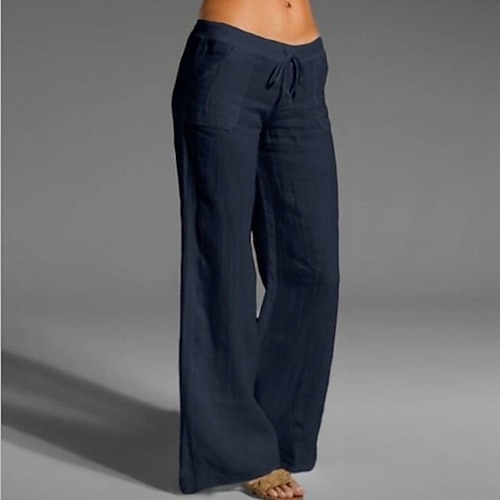Damen Übergröße Sommerhose 100% Baumwolle Alltagstauglich Knöchellang Hohe Taille Einfarbig Kordelzug Weites Bein Bequem Schnelltrocknend Weich Mikroelastisch Schwarz Weiß Dunkelmarine Grau Sommer Image