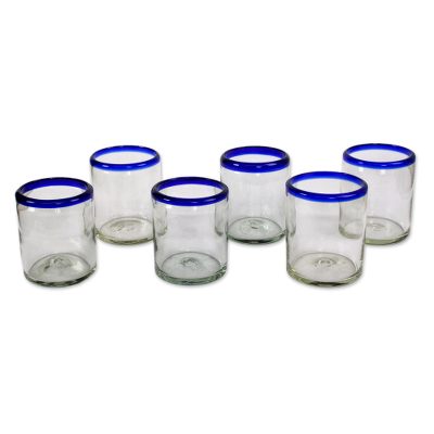 Cobalt Rings,'Blue Rimmed Hand Blown Glass Tumblers Set of 6'
