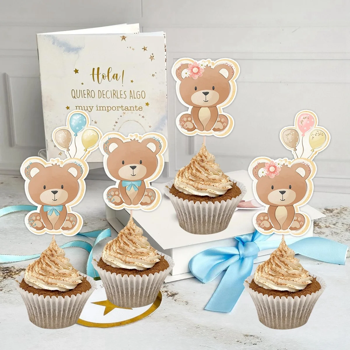 20 Stück Karton Bär Cupcake Topper Blau Rosa Topper für Kinder Baby Dusche Bär Alles Gute zum Geburtstag Party Dekorationen DIY Kuchen Versorgung Image