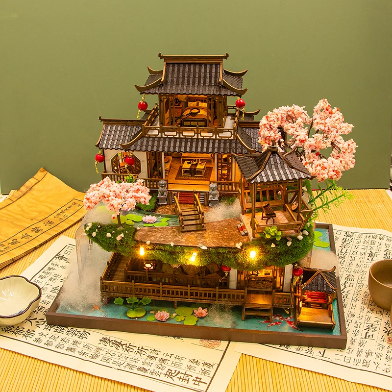 DIY Holz Miniatur Modell Kit Chinesische Alte Casa Kirschblüte Villa 3D Puzzle Puppenhaus Mit Möbel Lichter Wohnkultur