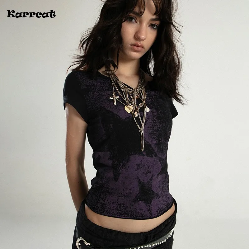 Karrcat Trashy Y2k Crop Top Grunge Ästhetik Star Print T-Shirt Vintage Distressed Kurzarm T-Shirts Punk Gothic Streetwear