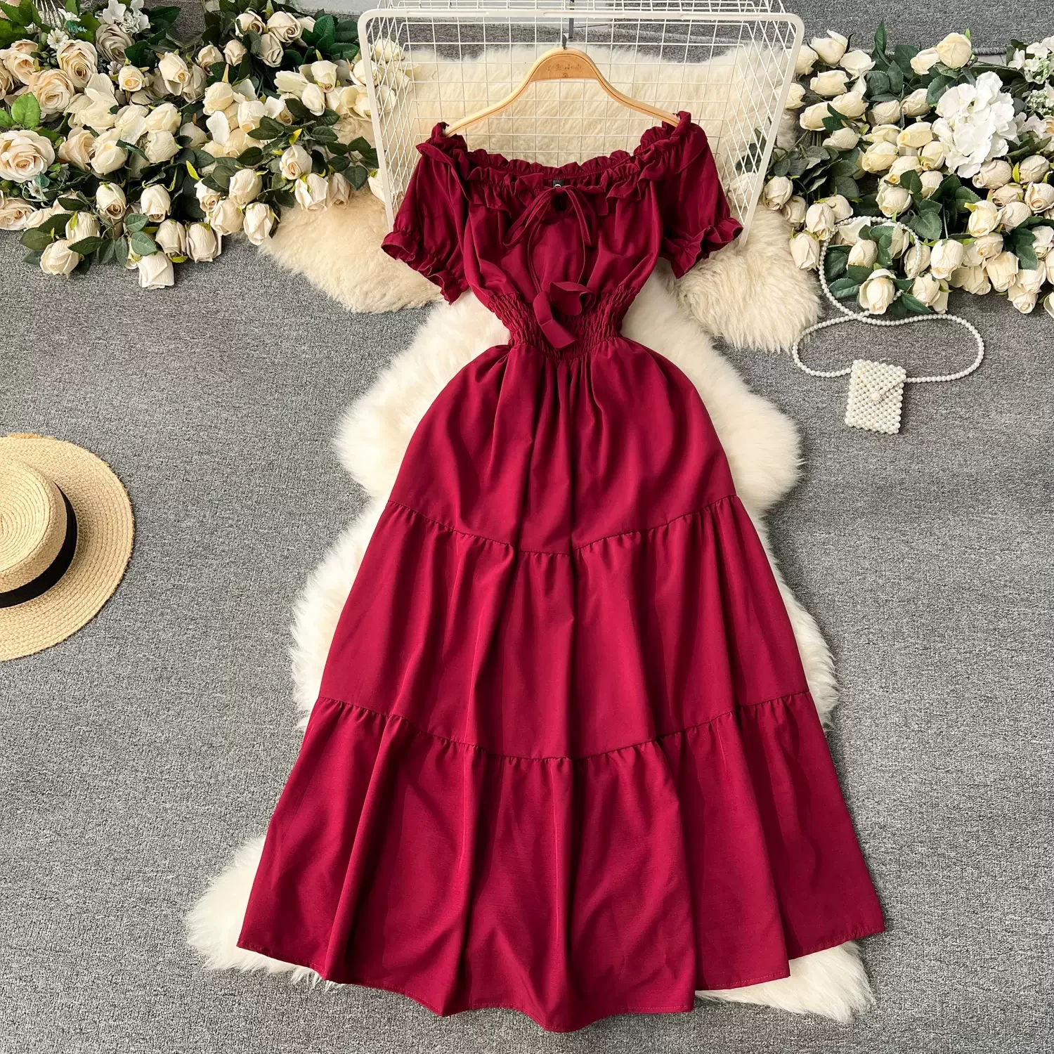 Neue Sommer Urlaub Off Schultern Schlank Elastische Taille Lange Kleid Frauen Elegante Große Schaukel Maxi Strand Kleid Party Robe Femme Image