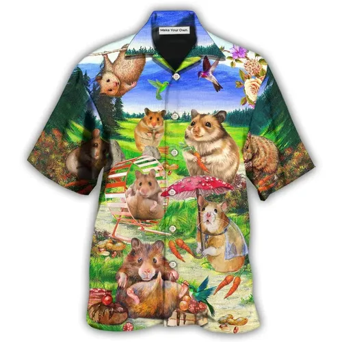 Herrenmode Sommer T-Shirts Hawaii Hamster Tier 3D-Druck gemütlich lässig Ein-Knopf-Shirts Kurzarm