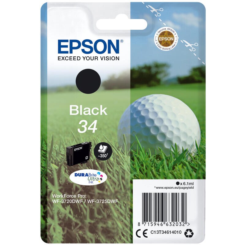 Epson Golfball Einzelpackung Schwarz 34 Durabrite Ultra Tinte für Workforce Pro Wf-3720Dwf, Wf-3725Dwf Image