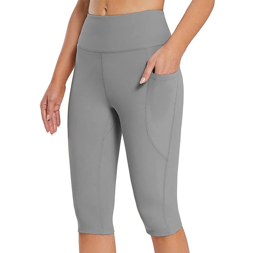Damen Yogahose Seitentaschen Po-Lifting Bauchkontrolle Hohe Taille Pilates Fitnesstraining Laufen Capri Leggings Unterteile Einfarbig Schwarz Weiß Dunkelmarine Sport Sportkleidung Hohe Elastizität Image