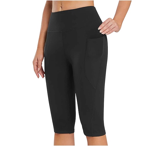 Damen Yogahose Seitentaschen Po-Lifting Bauchkontrolle Hohe Taille Pilates Fitnesstraining Laufen Capri Leggings Unterteile Einfarbig Schwarz Weiß Dunkelmarine Sport Sportkleidung Hohe Elastizität Image