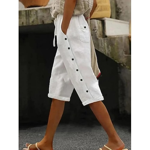 Damen Shorts Alltagstauglich Knielang Einfach Kordelzug Seitentaschen Atmungsaktivität Bequem Unelastisch Wochenende Schwarz Weiß Sommer Normale Passform Image