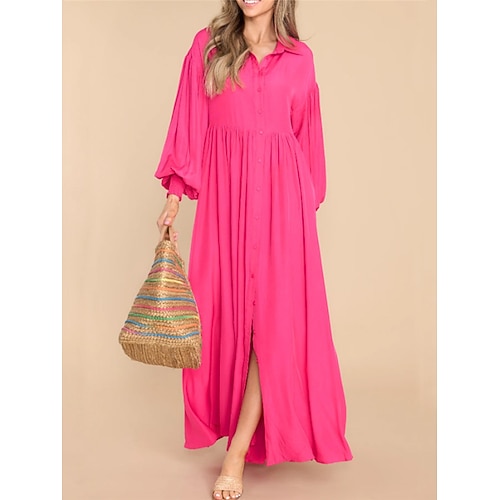Damen Maxikleid Kunstbaumwollleinen Kaftan Kleid Freizeitkleid Schwingkleid Streetwear Maxi Basic Urlaub Straße Ferien Normale Passform Langarm Hemdkragen Schwarz Weiß Rosa Grün Sommer Image