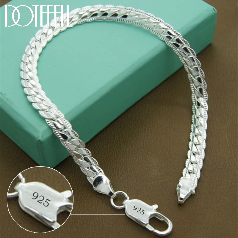 DOTEFFIL – Bracelet en argent 925, 6mm, 18/19/20cm, chaîne latérale plate, fermoir mousqueton pour femmes et hommes, bijoux de fiançailles et de mariage