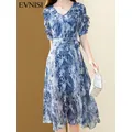 EVNISI-Robe Chic en Mousseline de Soie pour Femme Imprimé Floral Bleu Col en V Élégante Bureau