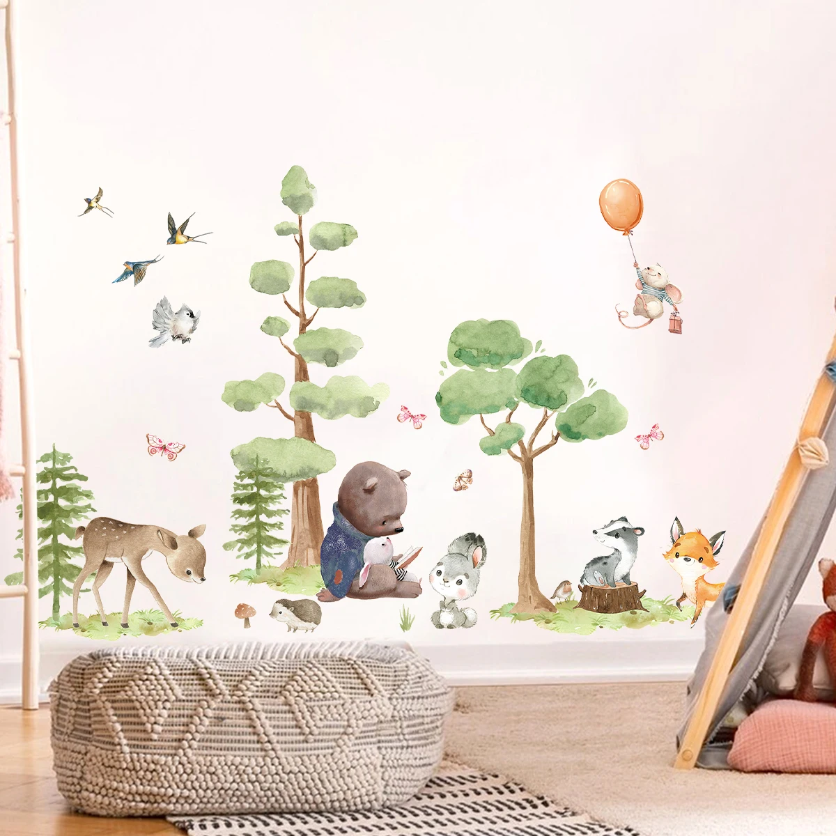 2 Stück Cartoon Baum Bär Kaninchen Wandaufkleber für Wand Kinderzimmer Kinderzimmer Dekoration Schlafzimmer Dekor für Wohnzimmer Wandkunst