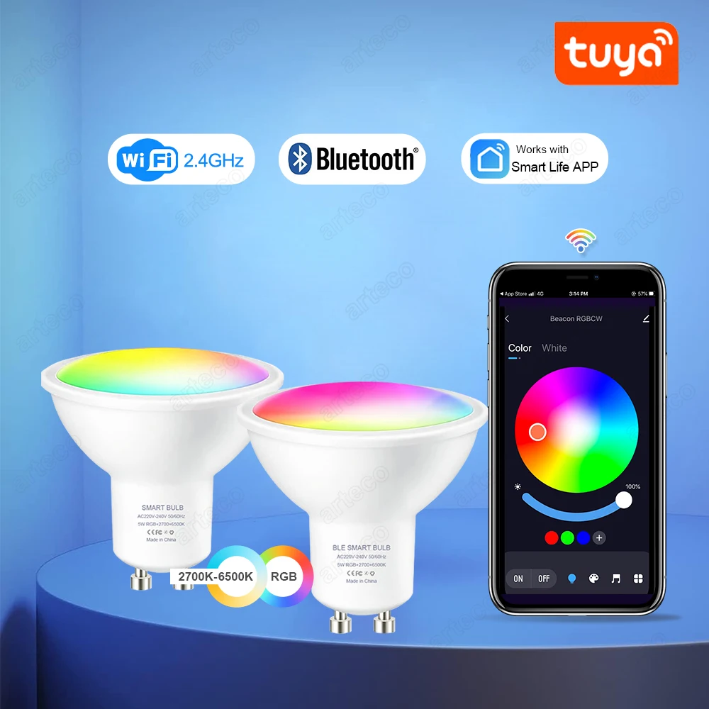 Tuya GU10 LED-Birne WiFi/Bluetooth RGB+CW+WW Dimmbar 5W 220V Bombillas LED-Lampe, Smart Life APP-Steuerlicht, GU10 LED-Strahler