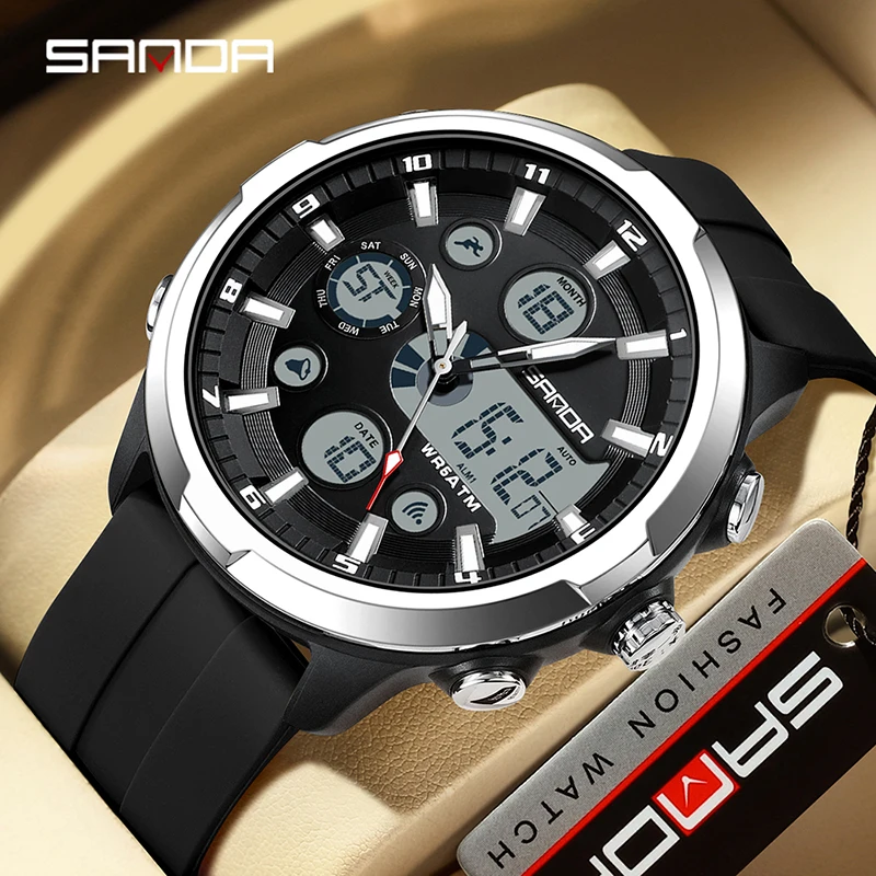 SANDA Top Marke G Stil Männer Uhren 50M Wasserdichte Sport Militär Quarzuhr Für Männliche Doppel Display Digitale Armbanduhr uhr