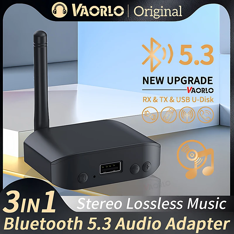 VAORLO 3 IN 1 Bluetooth 5.3 Audioempfänger Sender USB U-Disk Wiedergabe 3,5 mm AUX Stereo HiFi Verlustfreie Musik Wireless Adapter mit Mikrofon für Auto TV PC Kopfhörer Lautsprecher Verstärker Image