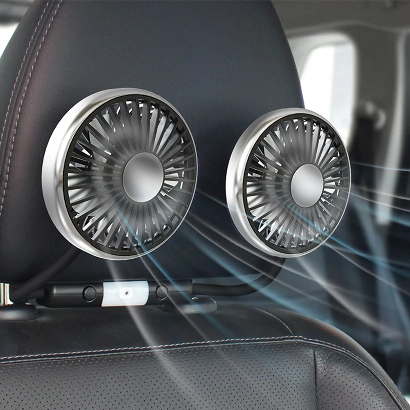 360 ° Rotation Doppelkopf-Auto-Rücksitzventilator, 5 Lüfterflügel, 3-Gang-Windeinstellung, USB-Auto-Kühlventilatoren für das Sommer-Autozubehör Image