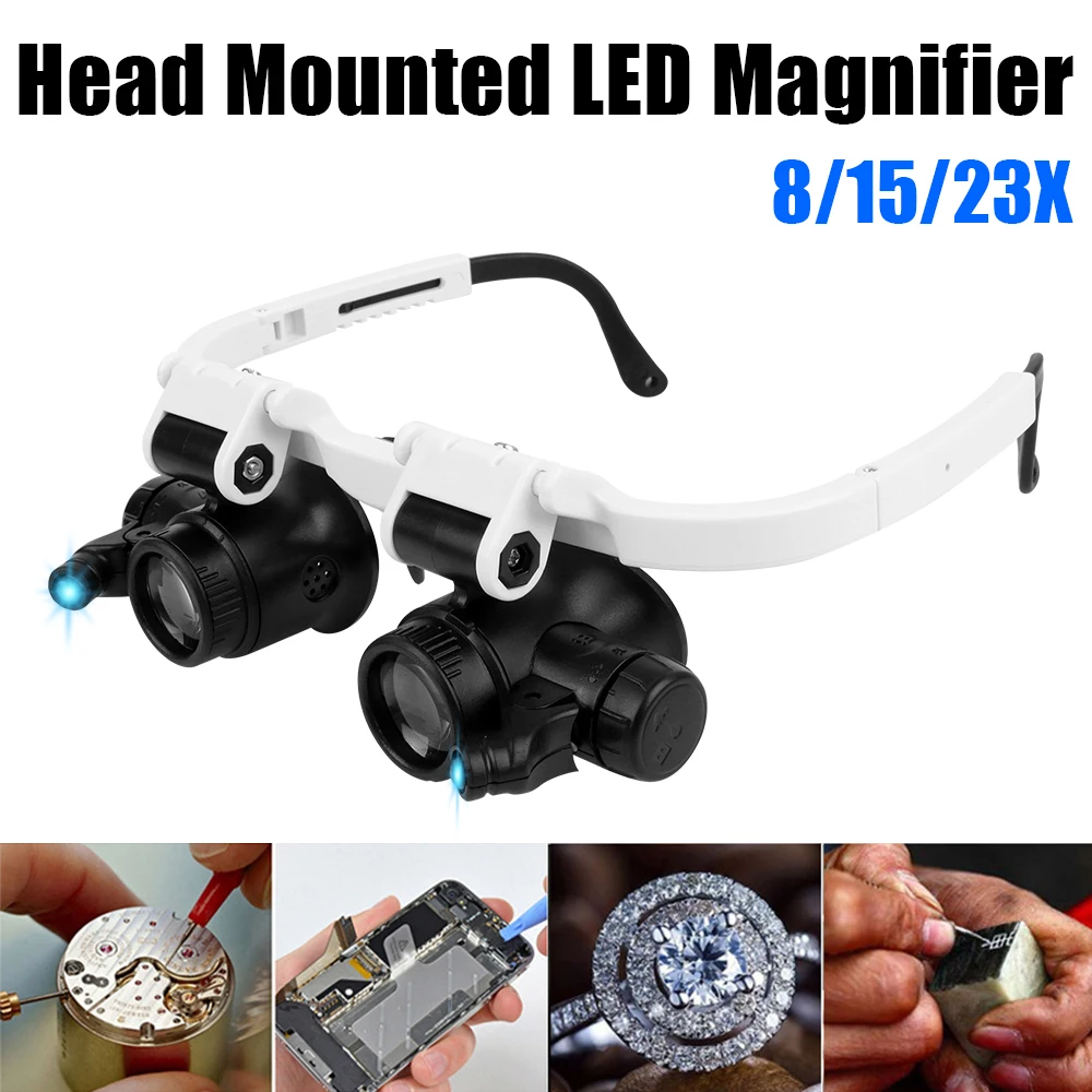 Kopfmontierte Lupe für die Reparatur von Elektronikuhren, 8 x 15 x 23 x LED-Leuchten, Brillenlupe, Augenlupe mit zwei Linsen Image