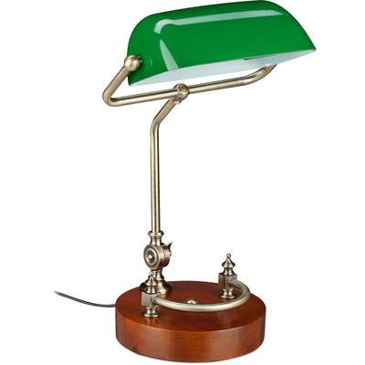 Relaxdays - Bankerlampe, neigbarer Glasschirm, Holzfuß, E27-Fassung, Schreibtischlampe Retro,