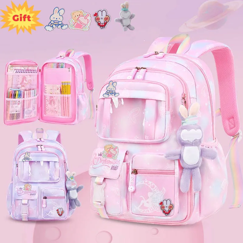 Sac d'école arc-en-ciel imperméable pour filles, sac à dos princesse pour porte de réfrigérateur, protection de la colonne vertébrale, sacs à bandoulière mignons