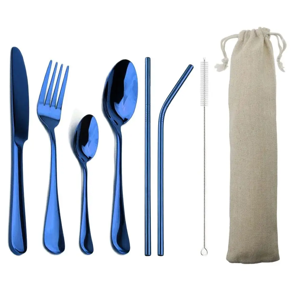 4-teiliges blaues Geschirr mit 2-teiligem Metallstrohhalm, Edelstahl, buntes Geschirr, Messer, Gabel, Teelöffel, Besteck Image