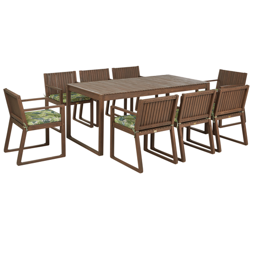 Gartenmöbel Set 8-Sitzer Dunkelbraun Akazienholz Tisch mit 8 Stühlen und Sitzkissen Grün Blättermuster Rustikal Terrasse Garten Ausstattung