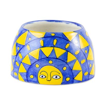 Garden Sunshine,'Blue Ceramic Planter with Sun Motif from India'