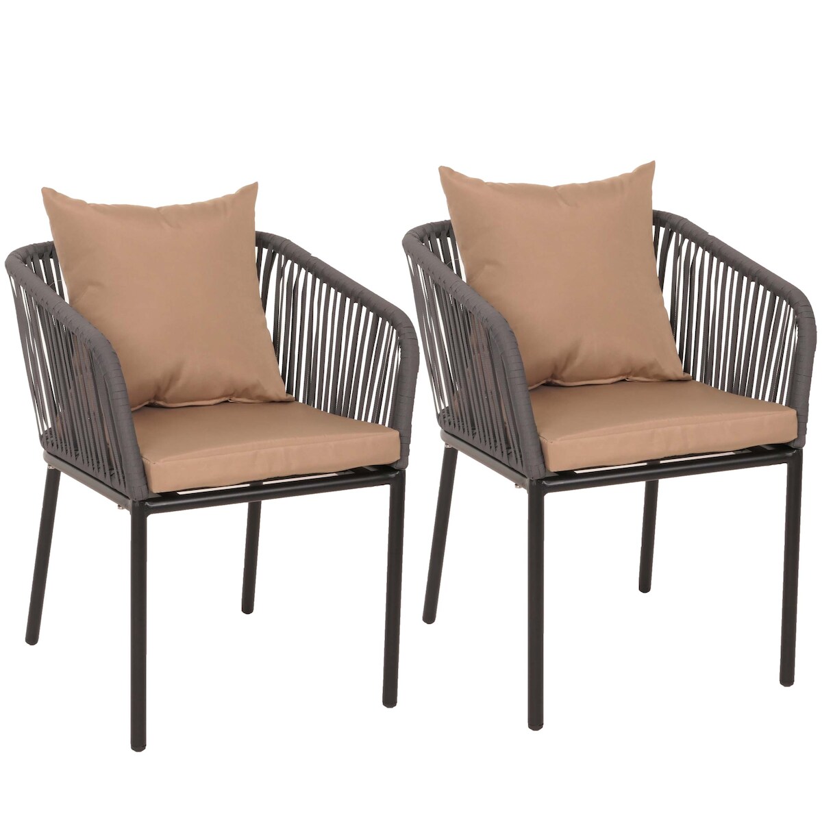 Mendler 2er-Set Gartenstuhl HWC-N41, Outdoor Armlehne, wetterfest Aluminium Seilgeflecht Rope ~ anthrazit Kissen taupe Image