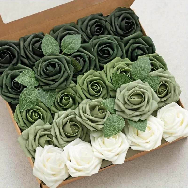 Künstliche Blumen, 25 Stück, echt aussehende Waldgrüne Ombre-Farben, Schaumstoff-Kunstrosen mit Stielen für selbstgemachte Hochzeitssträuße, Brautschuhe Image
