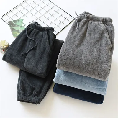 Neue Plüsch Winter Dicken Schlaf Männer Hosen Flanell Schlaf Bottoms Plus Samt Hause Pyjama Korallen Fleece Männlichen Nachtwäsche Mit Tasche Image
