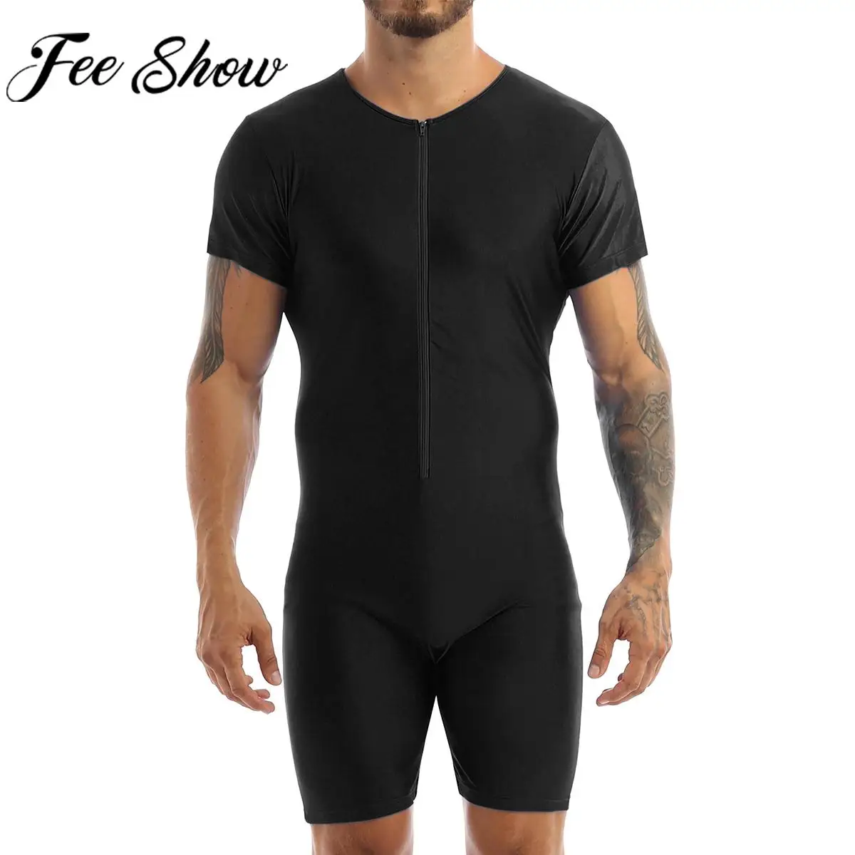 Einteilige Herren-Bademode, kurzärmelig, Reißverschluss, glänzend, weich, Boxer-Body, Badeanzug, Strand, Pool, Party, Badeanzug, Rashguard, Neoprenanzug Image