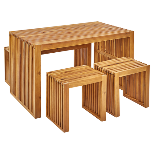 Gartenmöbel Set Hellbraun Akazienholz 4-Sitzer 4-Teilig Rustikal Modern 1 Tisch mit 1 Sitzbank und 2 Hockern Outdoor Terrasse Garten Holzmöbel