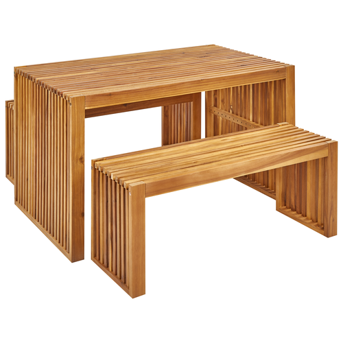 Gartenmöbel Set Hellbraun Akazienholz 4-Sitzer 3-Teilig Rustikal Modern 1 Tisch mit 2 Sitzbänken Outdoor Terrasse Garten Ausstattung Holzmöbel