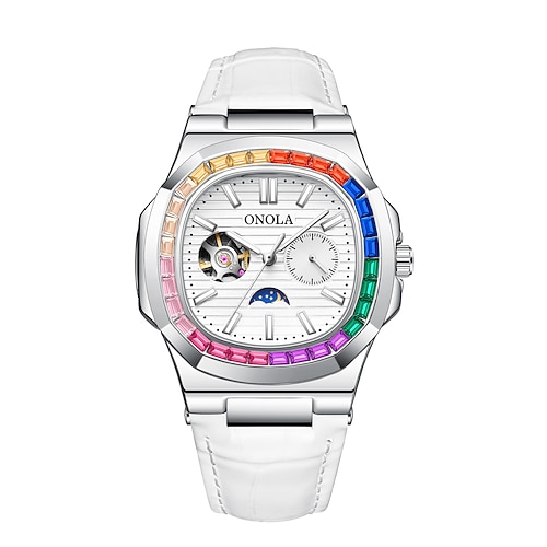 Onola Herren mechanische Uhr Fashion Business Armbanduhr Automatik Automatikaufzug Mondphase leuchtend wasserdicht Lederuhr Image