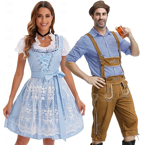 Oktoberfest-Bierkostüm für Paare, Dirndlkleid, Trachtenkleider, Maid, Oktoberfest-Paarkleider, deutsches München, Wiesn, Herren, Damen, traditioneller Stil, Stoff, Halloween, Karneval Image