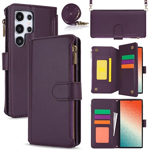 Handy Hülle Handyhüllen Für Samsung Galaxy S24 S23 S22 Plus Ultra S23 FE A55 5G A35 5G A25 A15 A14 A54 Brieftaschenhülle Magnetisch Reisverschluss mit Trageriemen Retro TPU PU-Leder Image