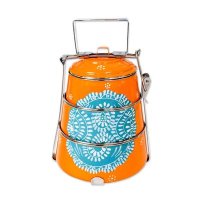 Tiered Tiffin in Orange,'Orange and Teal Stainless Steel Lunch Box Tiffin from India'