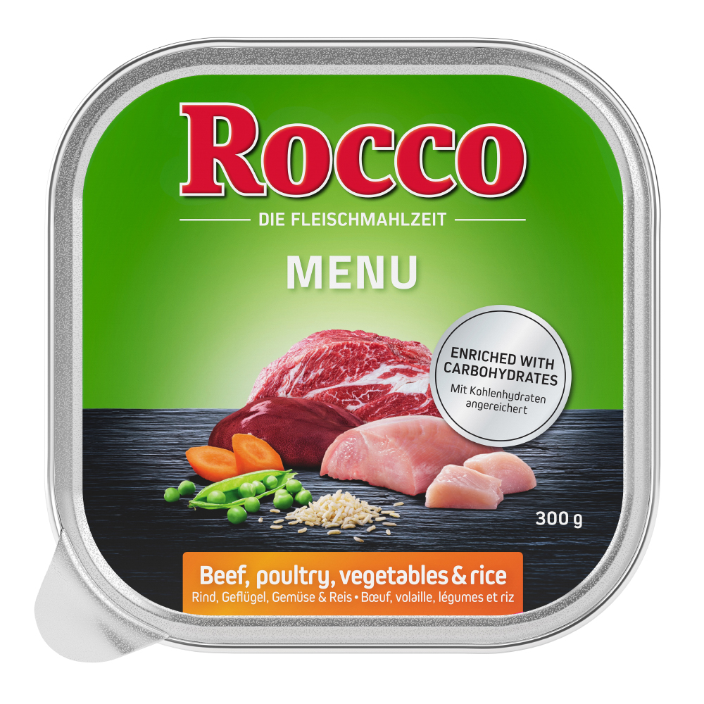 9x300g Beef, Poultry, Vegetables & Rice Menu Trays Rocco Wet Dog Food