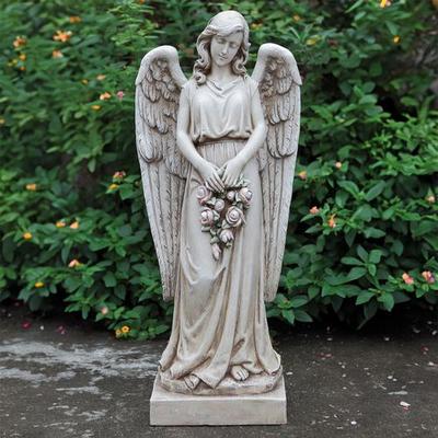 Angel Holding Rose Wreath Garden Statue Weathered Stone , Weathered Stone