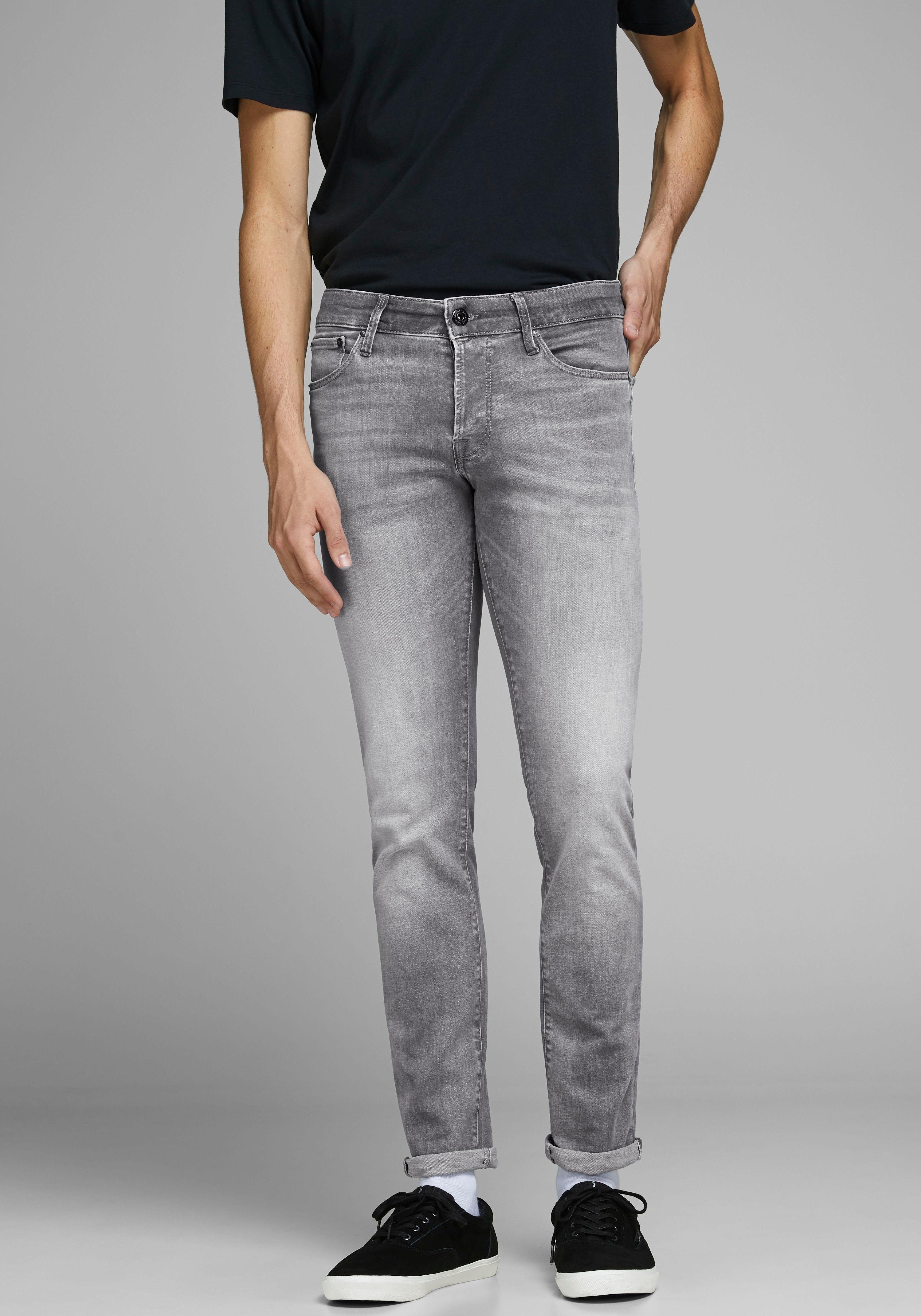 Slim-fit-Jeans JACK & JONES "JJIGLENN JJICON JJ 619 50SPS NOOS", Herren, Gr. 28, Länge 30, grau (grau, denim), Denim/Jeans, Obermaterial: 93% Baumwolle, 5% Polyester, 2% Elasthan, Abriebeffekte, slim fit knöchellang, Jeans Slim-fit-Jeans, mit...