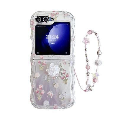 Phone Case For Samsung Galaxy Z Flip 6 Z Flip 5 Z Flip 4 Z Flip 3 Back Cover Translucent with Wrist Strap Shockproof Cartoon Flower Floral TPU