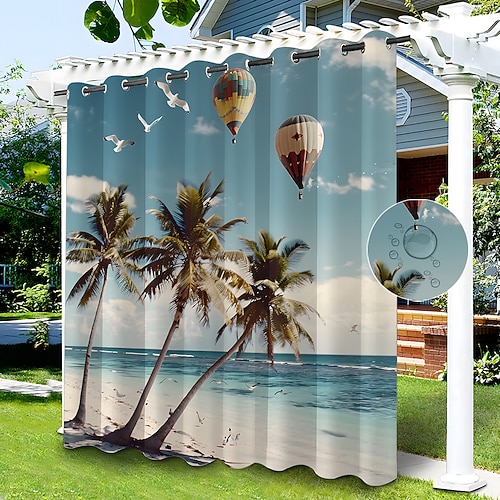 Wasserdichter Outdoor Vorhang Sichtschutzvorhang für den Außenbereich, Schiebevorhänge für die Terrasse, Pergola mit Ösen, Strand-Palmen-Landschaft für Pavillon, Balkon, Veranda, Party, 1 Panel Image