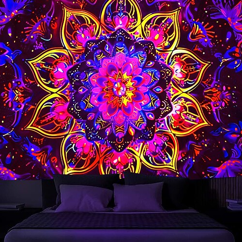 Mandala Boho Schwarzlicht Wandteppich UV reaktiv im Dunkeln leuchtend Trippy Zen Meditation neblige Natur Wandteppich Wandbild für Wohnzimmer Schlafzimmer Image