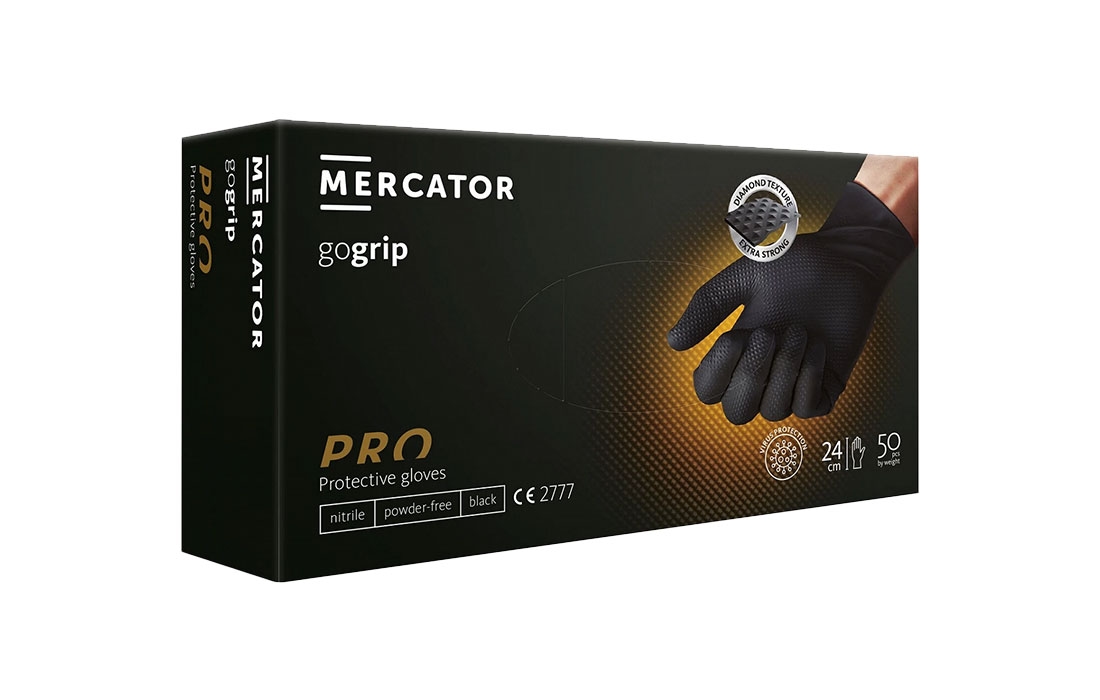 MERCATOR MEDICAL GoGRIP+ Nitrilhandschuhe, puderfrei, latexfrei, Diamanttextur in schwarz 1x 50 Stück Größe:L Image