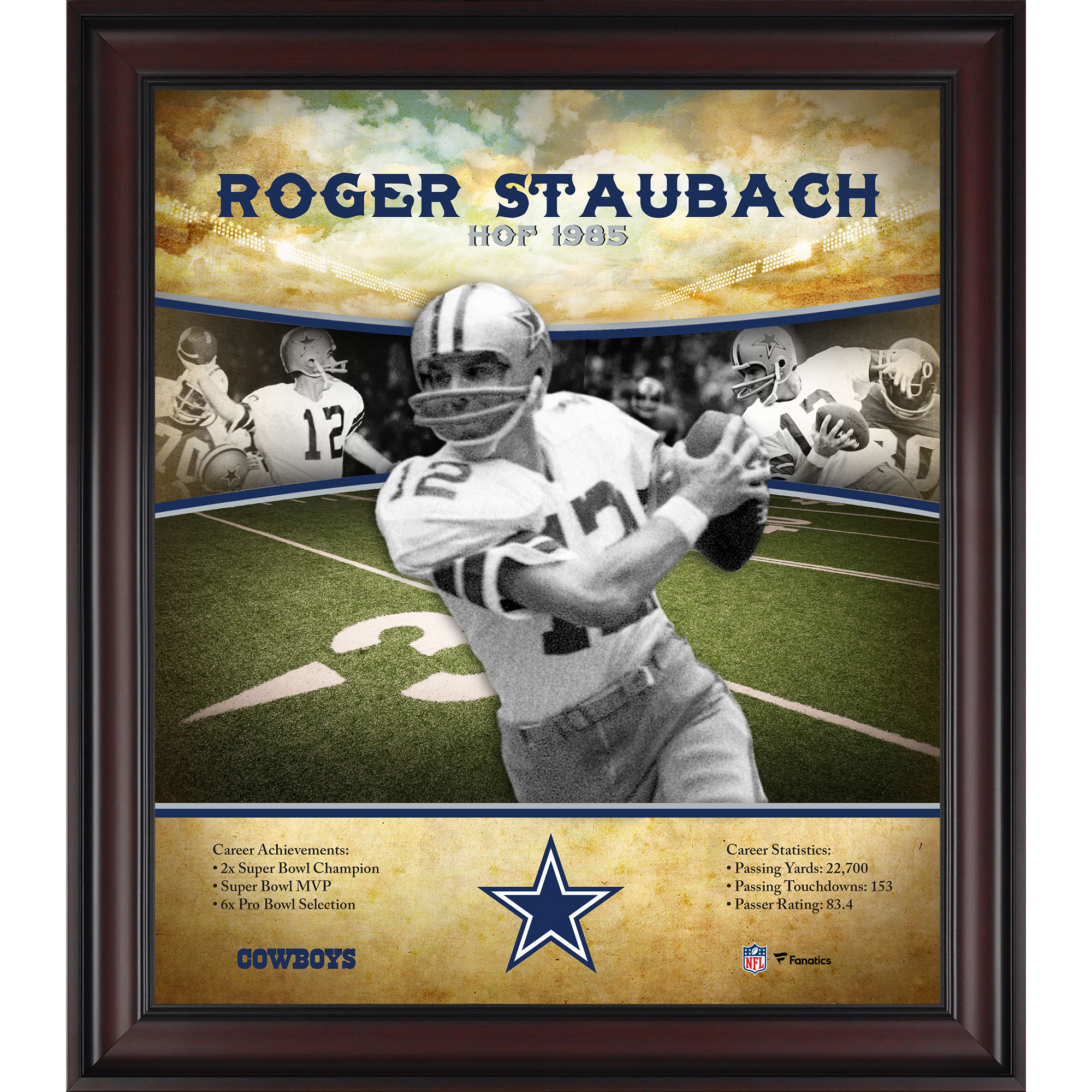 Roger Staubach Dallas Cowboys Hall of Fame Karriereprofil, gerahmt, 38,1 x 43,2 cm Image