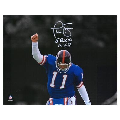 Phil Simms New York Giants signiertes 11" x 14" Arm Up Foto mit der Aufschrift "SB XXI MVP" Image