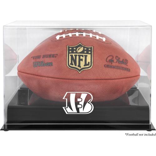 Schwarze Vitrine mit Football-Logo der Cincinnati Bengals, mit verspiegelter Rückseite