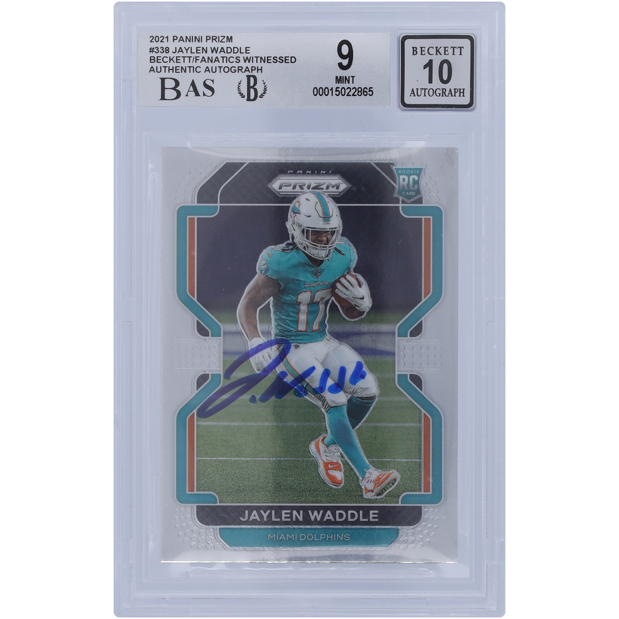 Jaylen Waddle Miami Dolphins signierte 2021 Panini Prizm #338 Beckett Fanatics bezeugte authentifizierte 9/10 Rookie-Karte - 9,5/9,5/9,5/8,5 Image